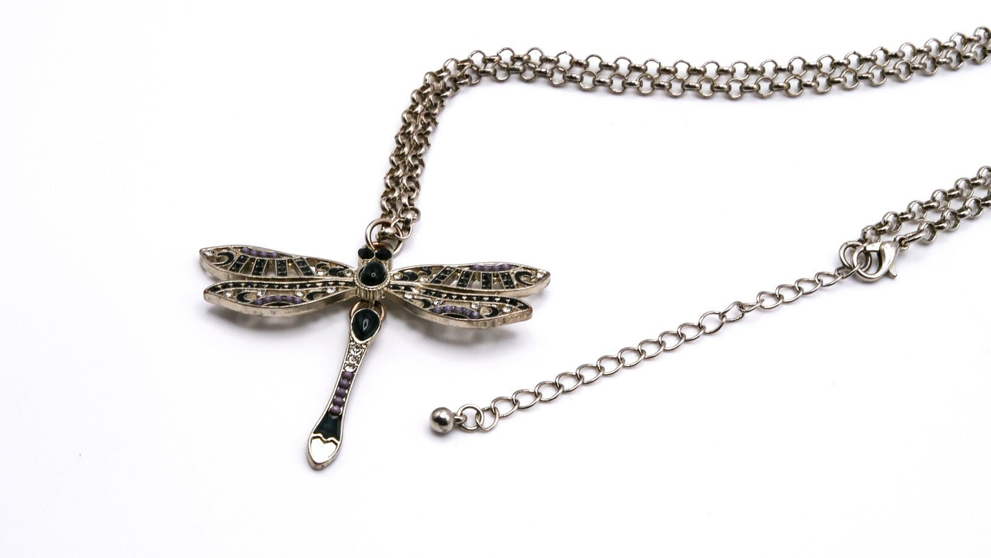 Articulated Dragonfly Pendant Necklace – Silver Tone