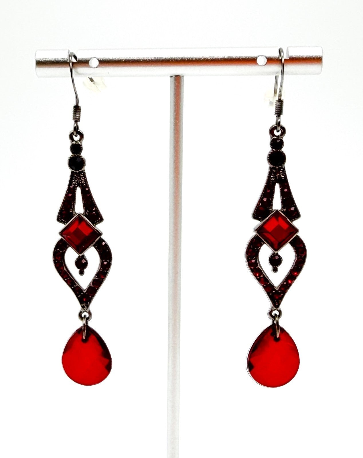 Art Deco Style Gothic Red Rhinestone Drop Earrings Gunmetal Teardrop Dangle
