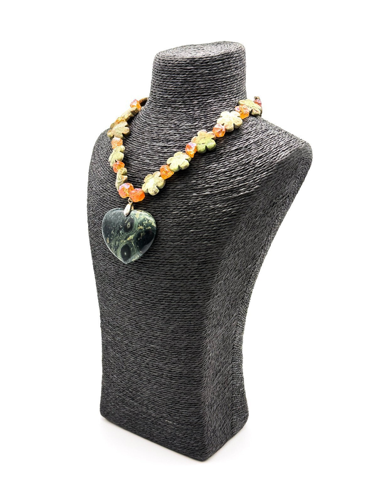 Serpentine Heart Necklace Jasper Bead Statement Chunky Green Pendant 17”