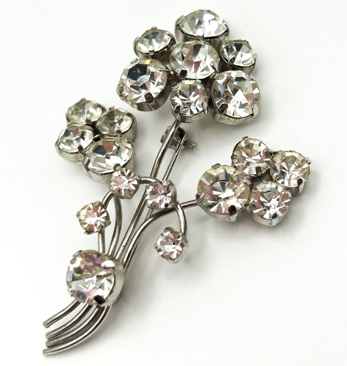 Vintage Rhinestone Flower Brooch Silver Tone Bouquet Pin