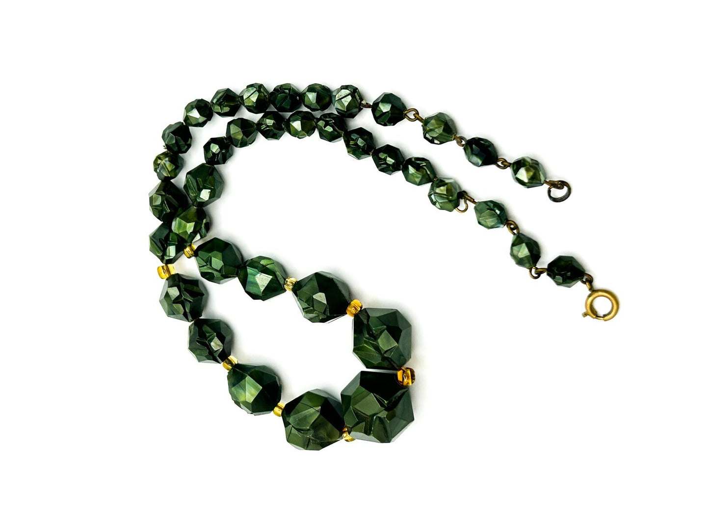 Vintage Modernist 50s-60s Moulded Green Faceted Beaded Necklace