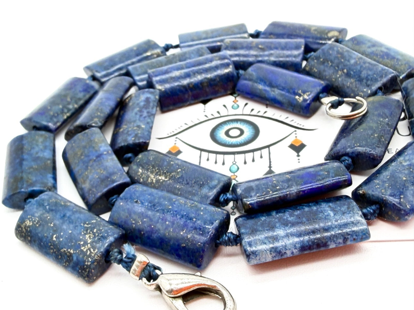 Lapis Lazuli Rectangular Bead Necklace Hand Knotted Blue Stone 19” Gemstone