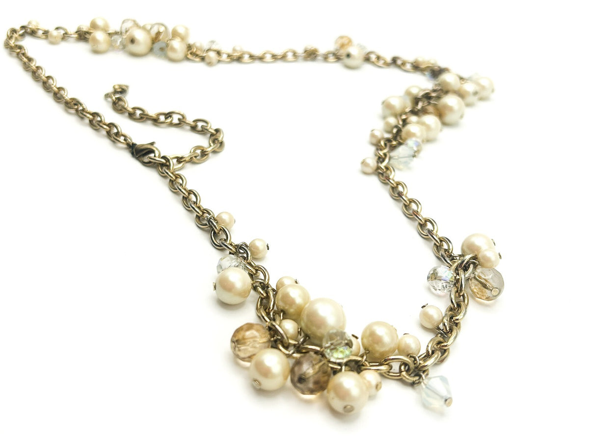 Carolee Gold Tone Faux Pearl Cluster Necklace Long Chain AB Crystal 33” Signed