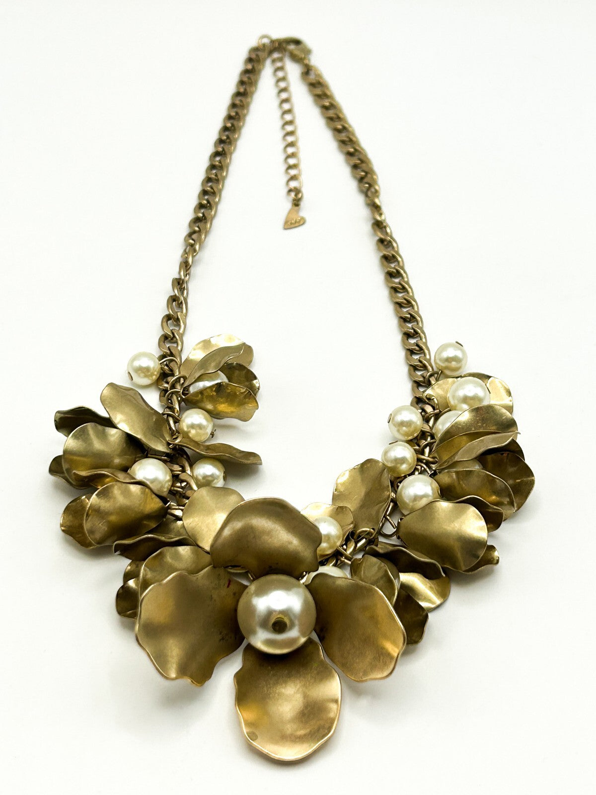 Vintage Per Una Gold Tone Floral Statement Necklace – Faux Pearl Detail, 17”
