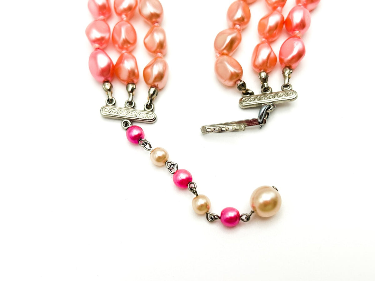 Pink Multi Strand Glass Bead Necklace Faux Pearl Graduated Retro Statement