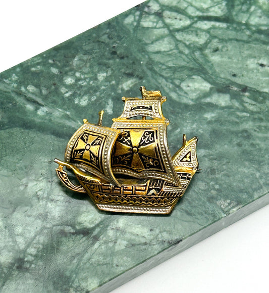 Damascene Ship Brooch Vintage Gold Tone Spanish Toledo Style Sailing Boat Pin