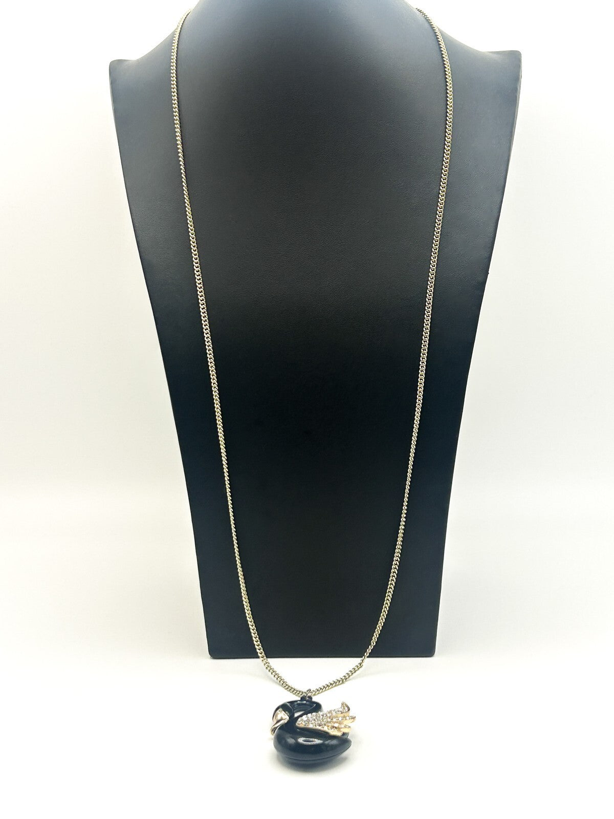 Black, Gold & Rhinestone Swan Pendant Necklace on Gold Tone Chain