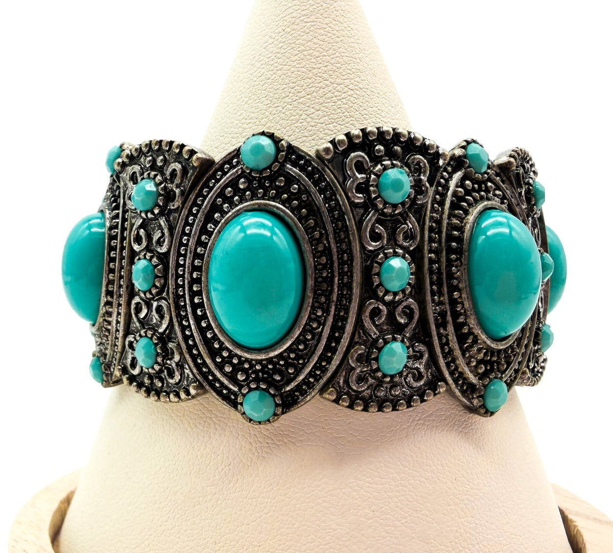 Ornate Faux Turquoise Stretch Cuff Bracelet Silver Tone Statement Boho Statement