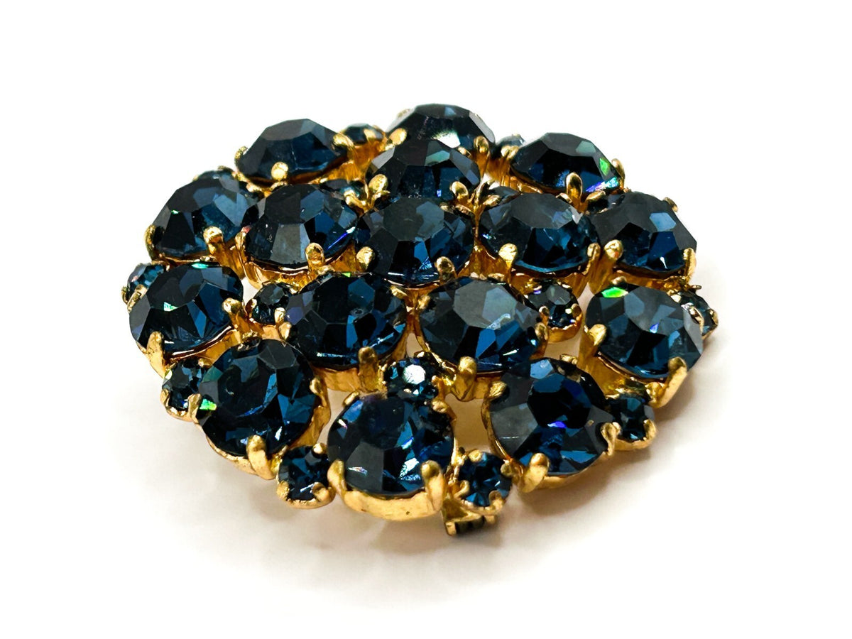 Antique Art Deco Blue Glass Rhinestone Domed Cluster Brooch C Clasp 1920s 30s