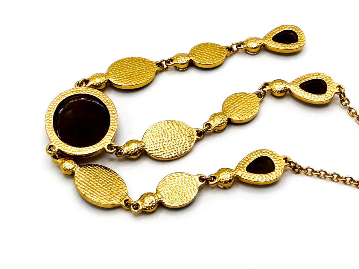 Gold Tone Y-Drop Necklace with Brown Cat’s Eye & Iridescent Orange Cabochons