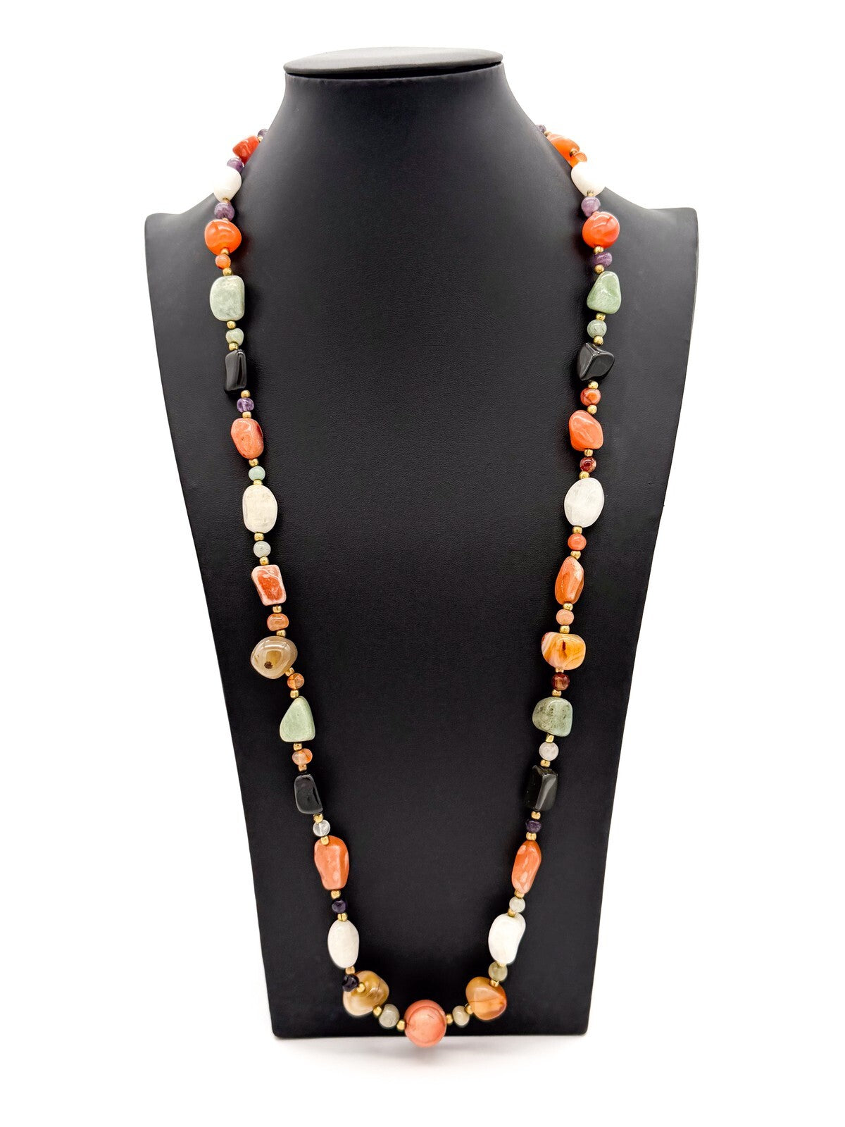Vintage Mixed Gemstone Bead Necklace Long Multi Stone Agate Onyx Jadeite Quartz