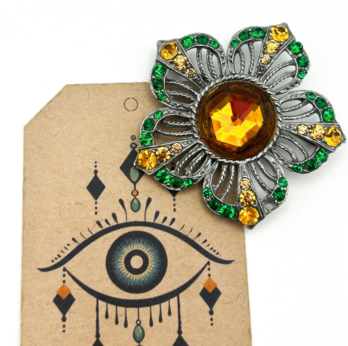 Vintage 1940s Rhinestone Flower Brooch Amber Green Glass Silver Tone
