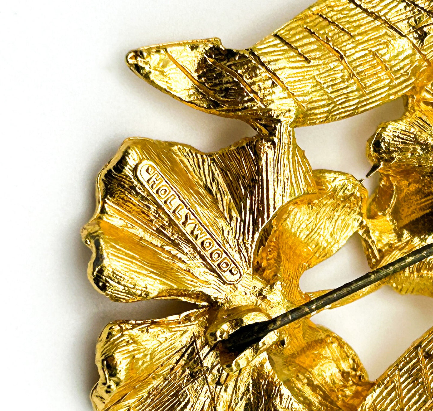 Vintage Hollywood Flower Brooch Gold Tone Textured Floral Spray Pin