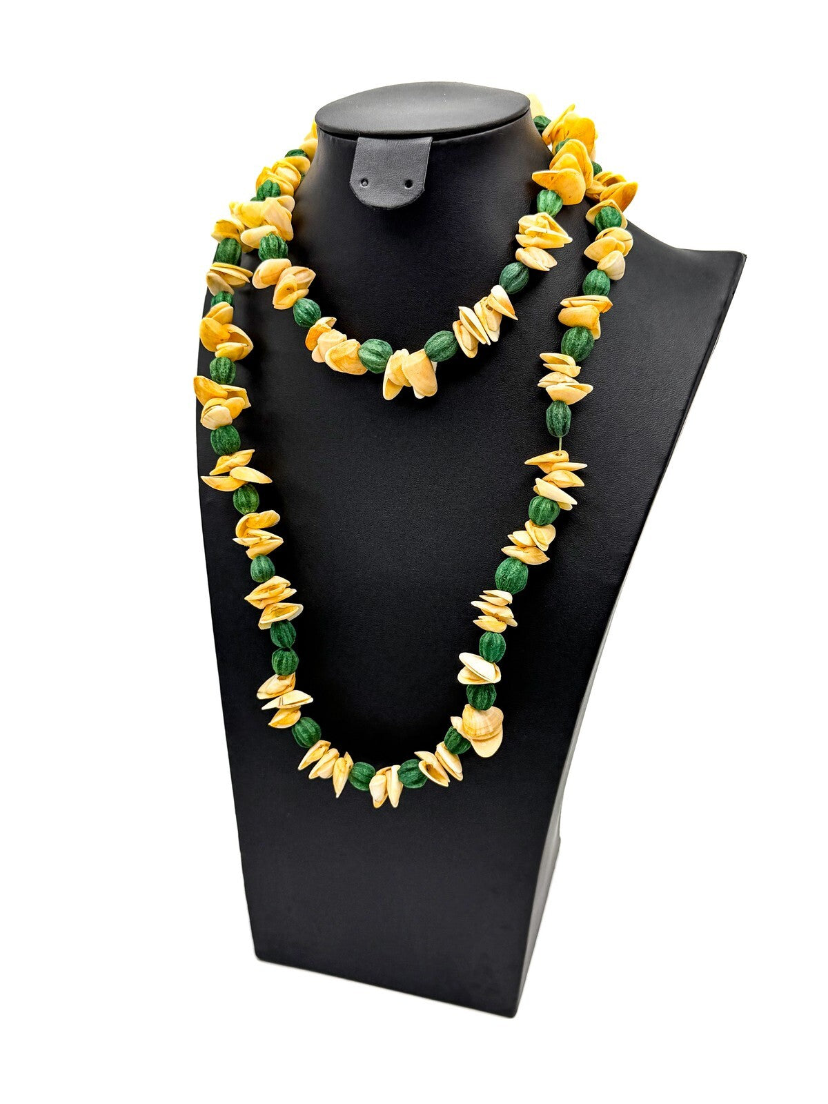 Vintage Boho Lei-style Shell and Dyed Seed Long Beaded Necklaceed