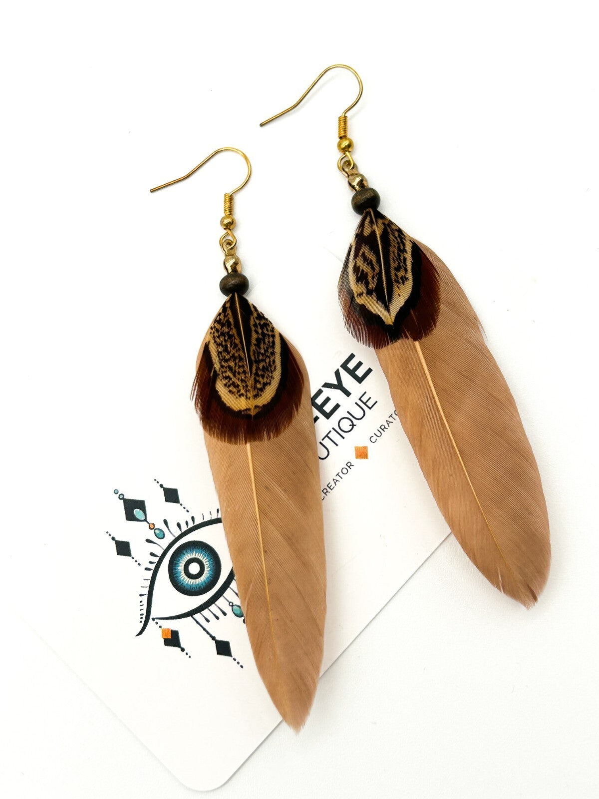 BD-Eye Original Boho Feather & Wood Earring Pair Festival Beach Natural Dangle