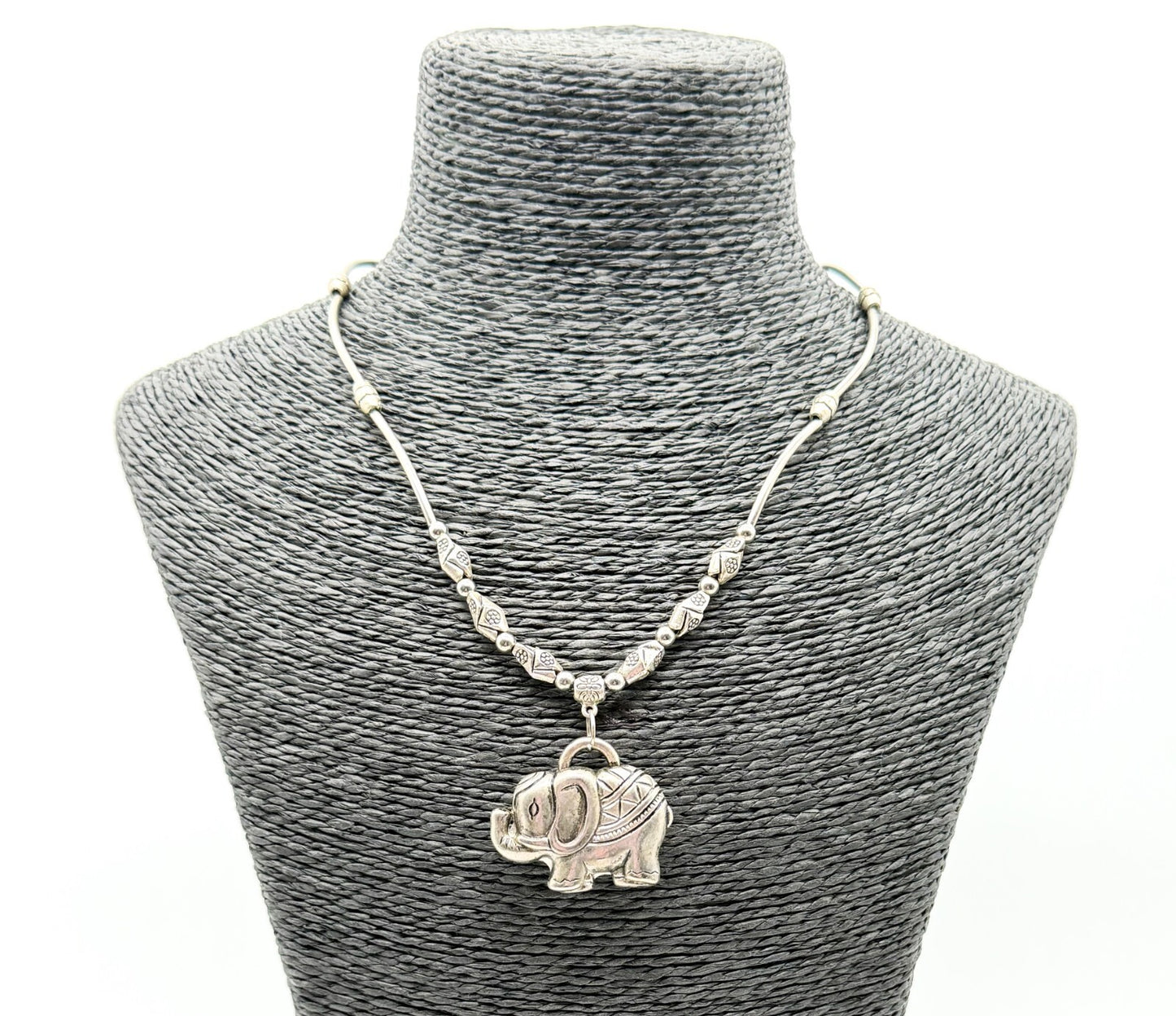 Elephant Pendant Necklace Silver Tone Beaded Tribal Boho Style Animal Charm Cute