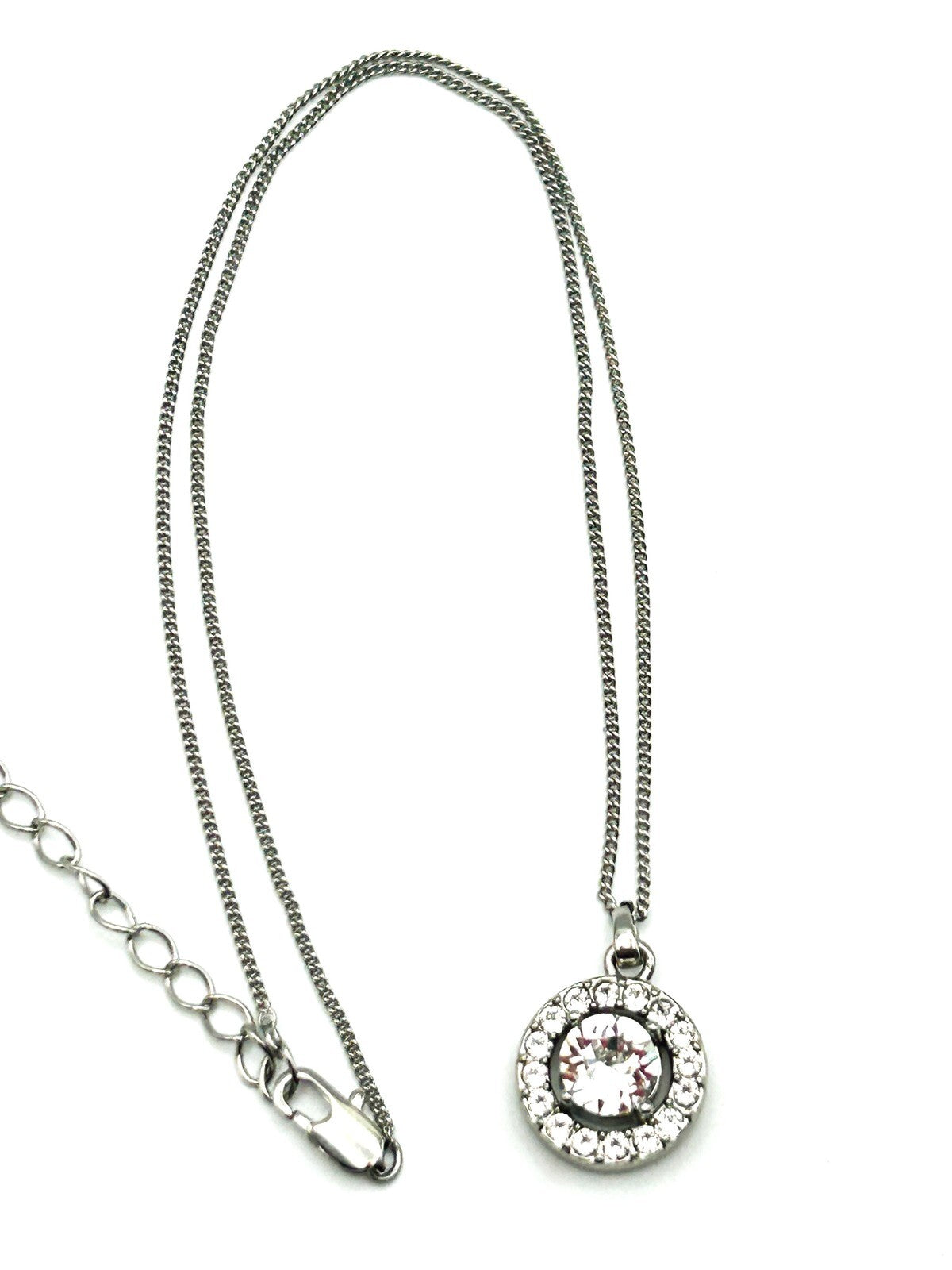 Silver Tone Crystal Halo Pendant Necklace – Round Solitaire with Pavé Frame