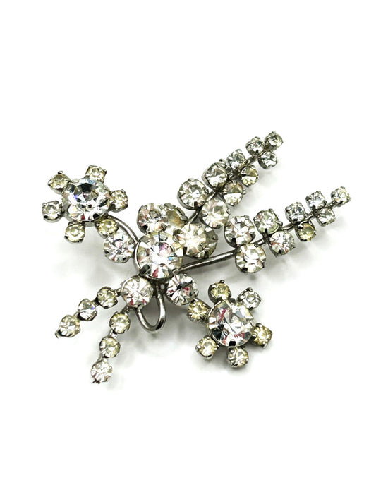 Vintage Rhinestone Flower Brooch Floral Spray Prong Set Glass 1950s 1960s Retro