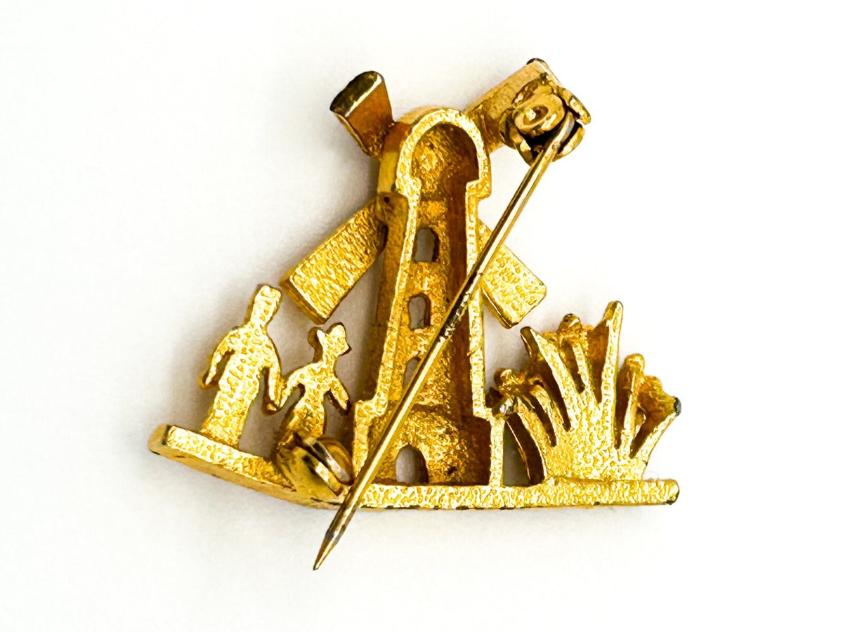 Vintage Gold Tone Dutch Windmill Scene Brooch Flowers Couple