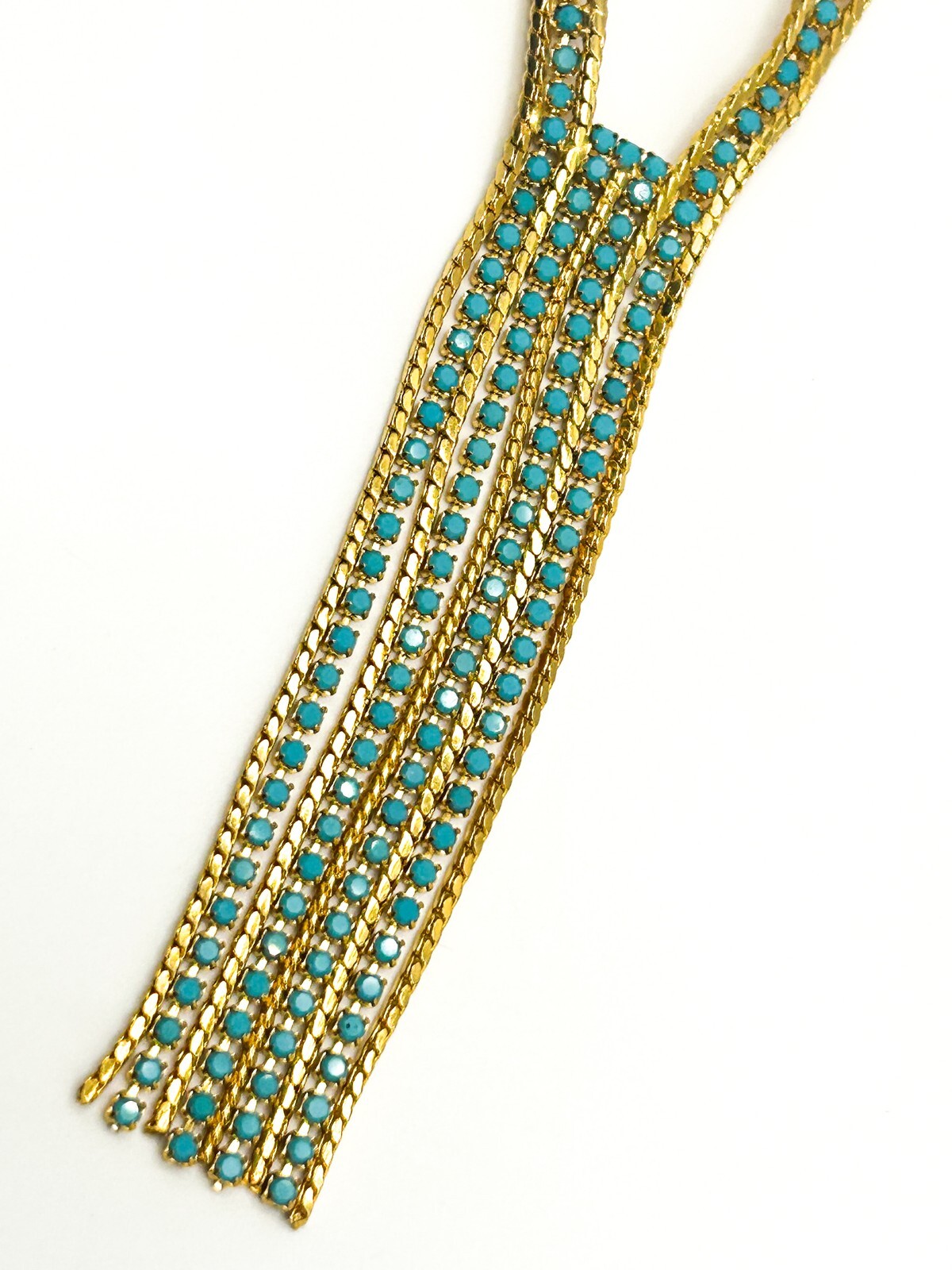 Gold Tone Turquoise Glass Lariat Necklace – Vintage Mesh Tassel Design