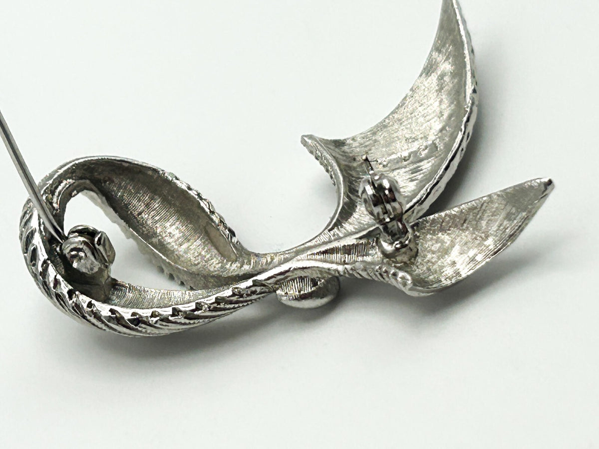 Vintage Silver Ribbon Bow Brooch Mid Century Modern Sweeping Textured Pin Retro