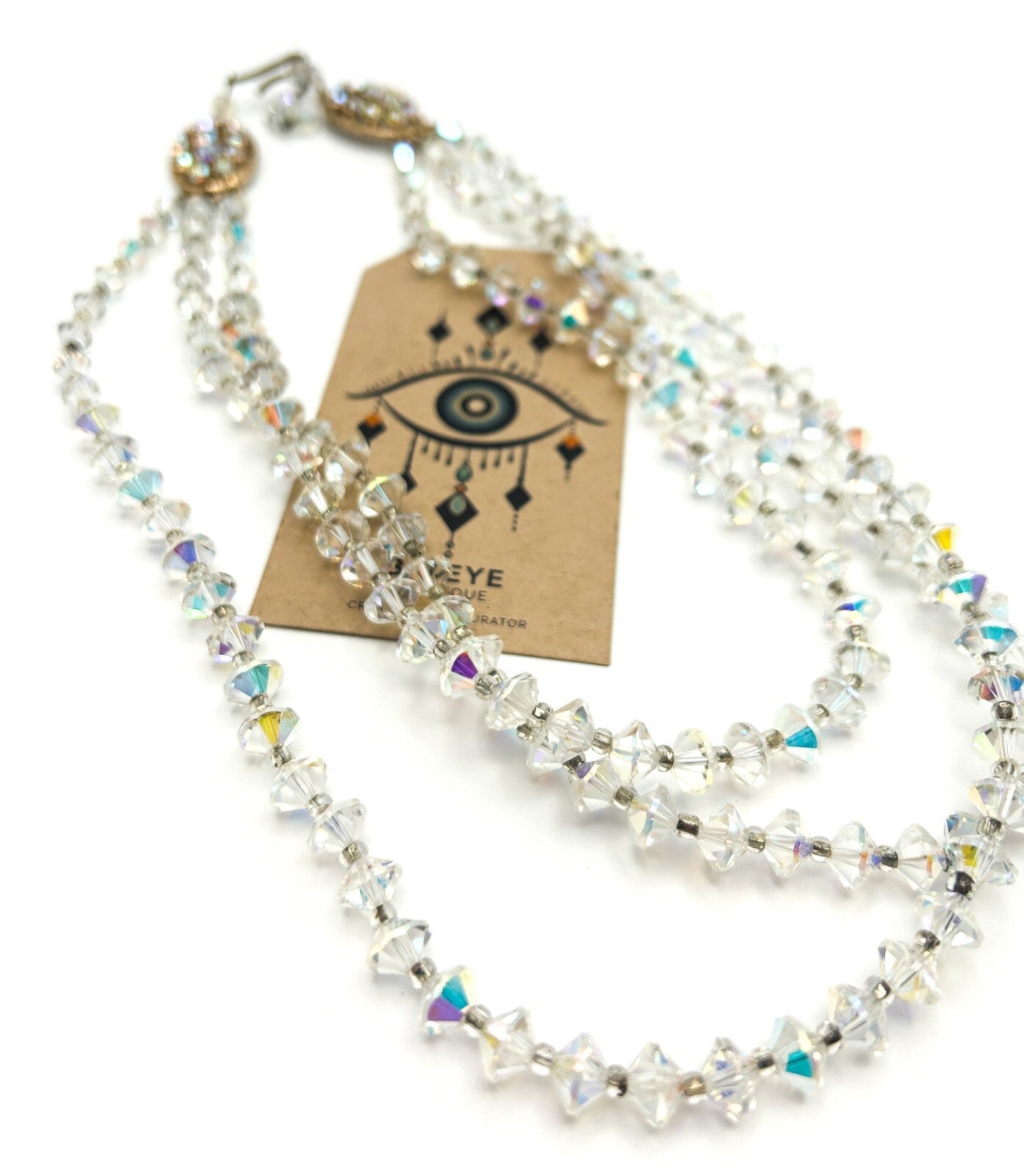 Vintage Aurora Borealis Crystal 3 Strand Multistrand Necklace – Faceted Bicone