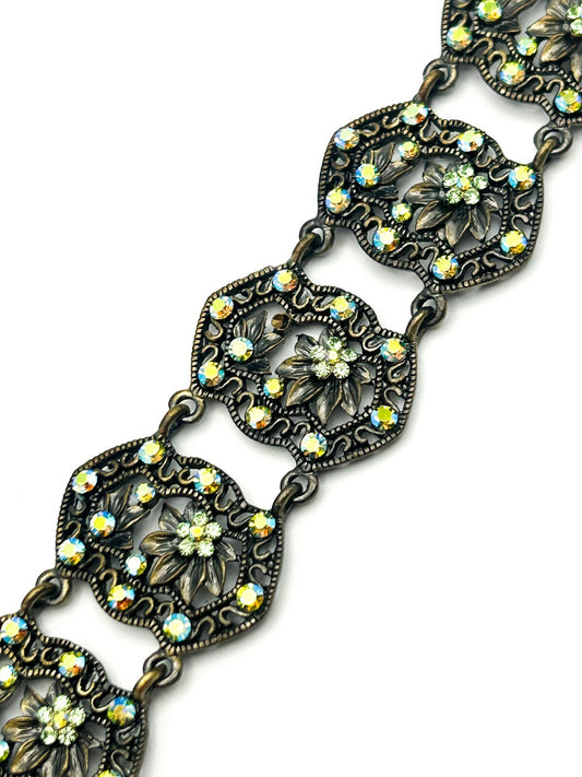 Vintage Filigree Panel Bracelet AB Rhinestone Floral Articulated 17cm