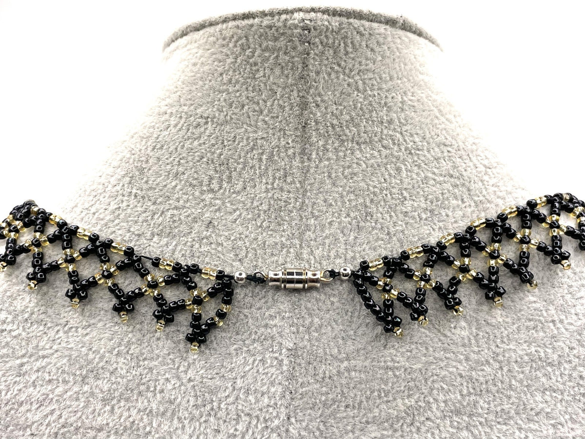 Black & Gold Seed Bead Collar Necklace Gothic Woven Dainty Handmade Artisan