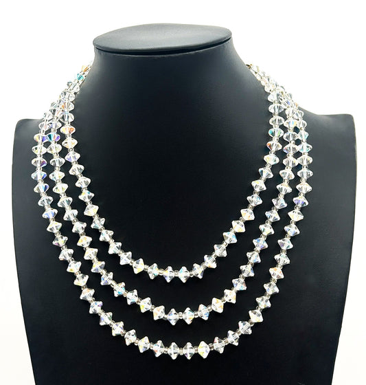 Vintage Aurora Borealis Crystal 3 Strand Multistrand Necklace – Faceted Bicone