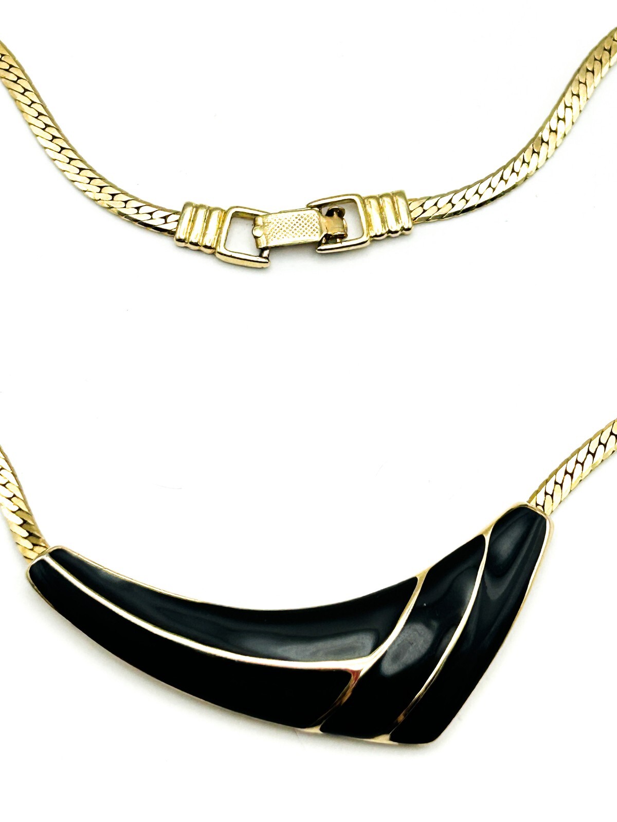 Vintage 80s Gold Tone Herringbone Necklace Black Enamel Curve Statement 17”