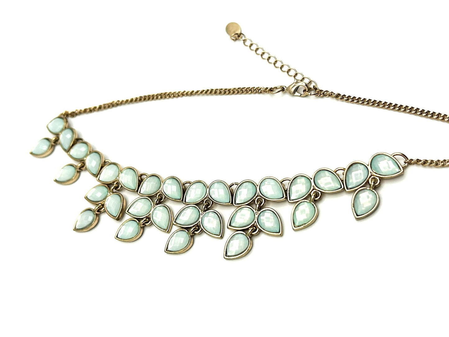 Accessorize Gold Tone Necklace Pale Blue White Teardrop Statement Fringe 15.5”