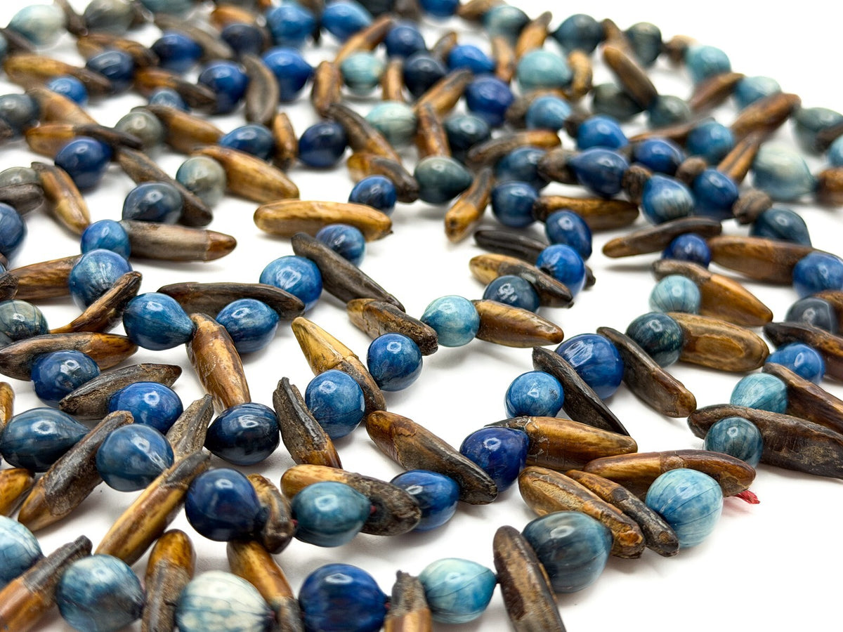 Blue & Brown Dyed Seed Long Boho Necklace