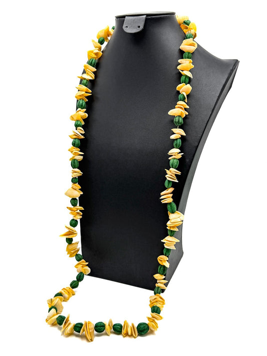 Vintage Boho Lei-style Shell and Dyed Seed Long Beaded Necklaceed