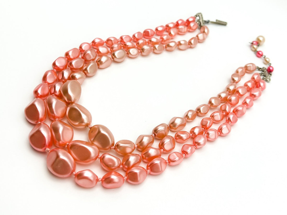 Pink Multi Strand Glass Bead Necklace Faux Pearl Graduated Retro Statement