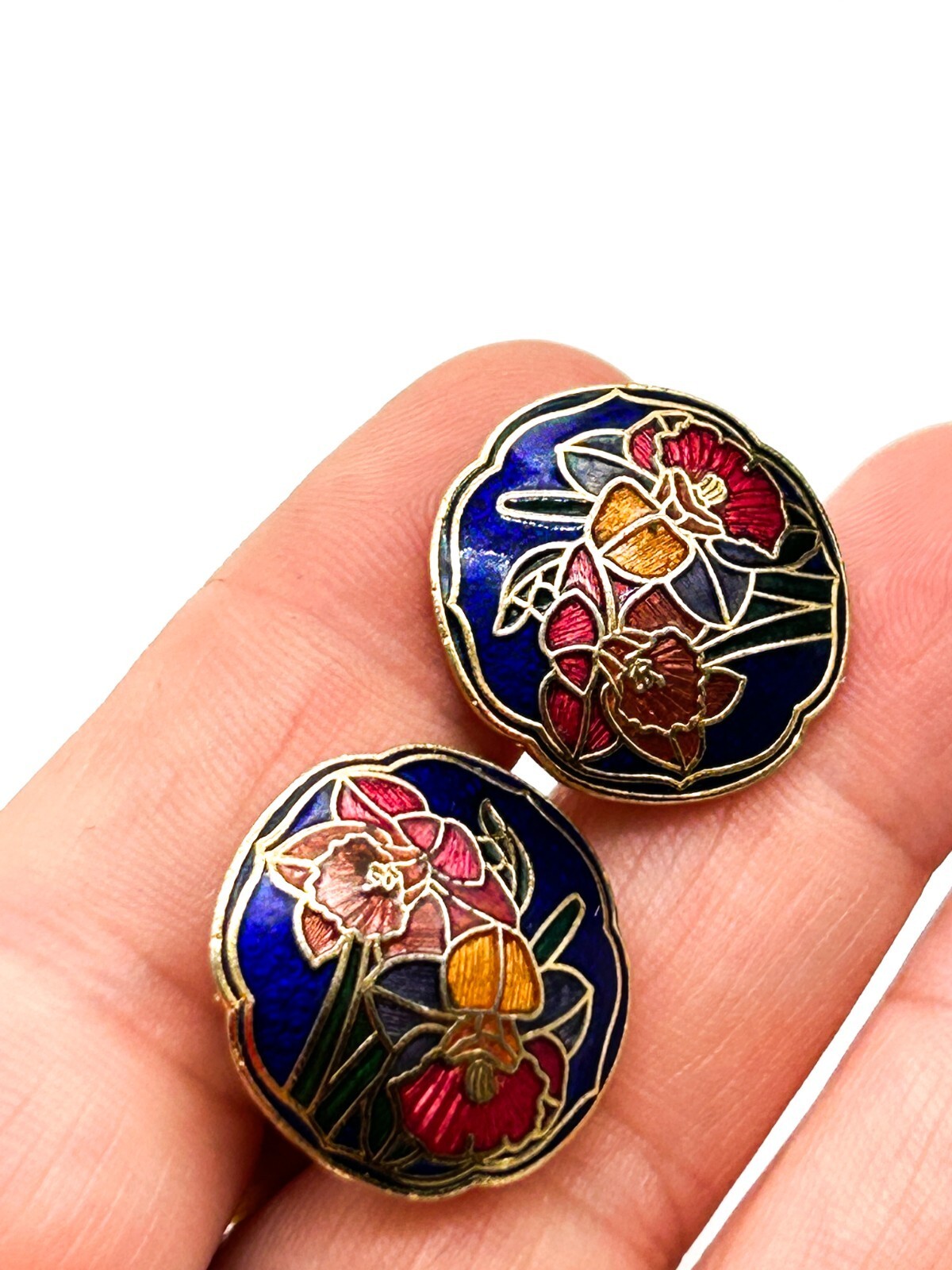 Vintage Cloisonné Floral Clip On Earrings – Blue Enamel Round Studs Red Flower