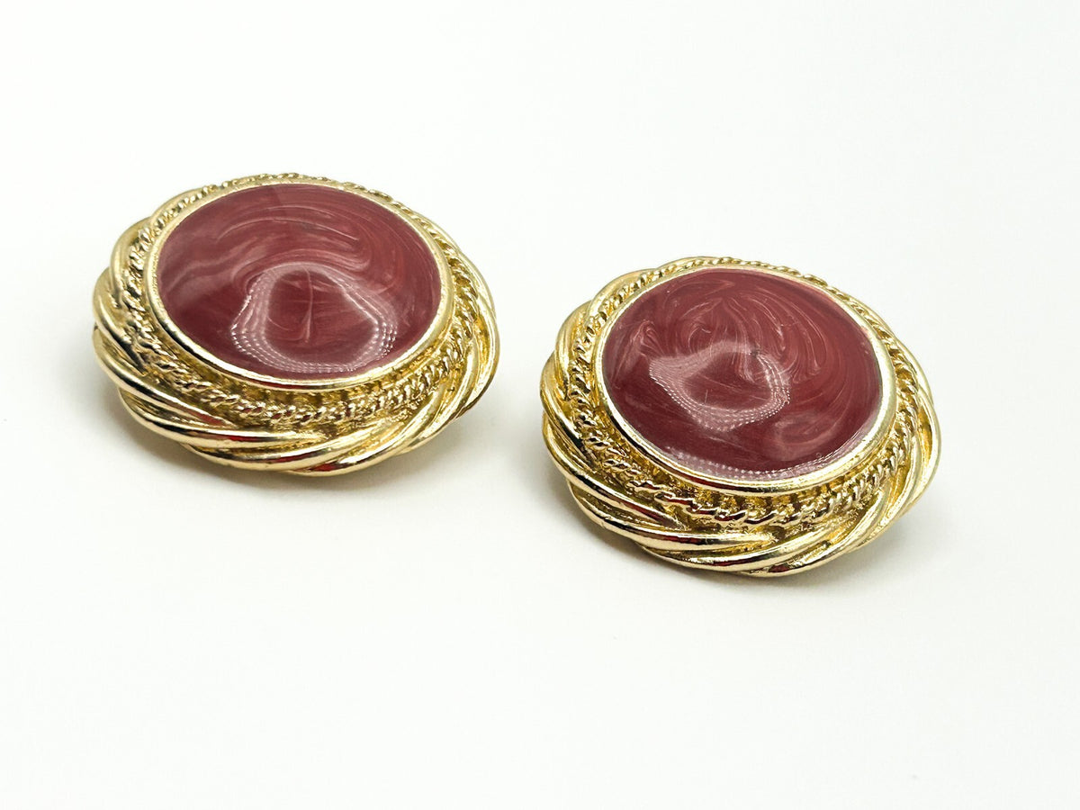 Vintage 80s Gold & Pink / White Swirl Circular Bold Clip On Earrings