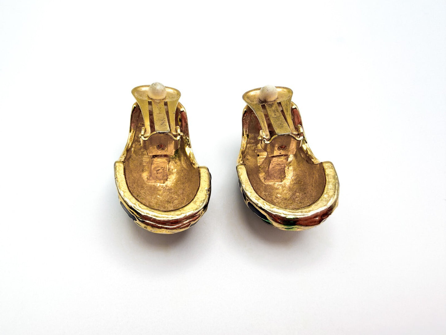 Vintage Gold Tone Green & Black Enamel Rhinestone Half Hoop Clip-On Earrings