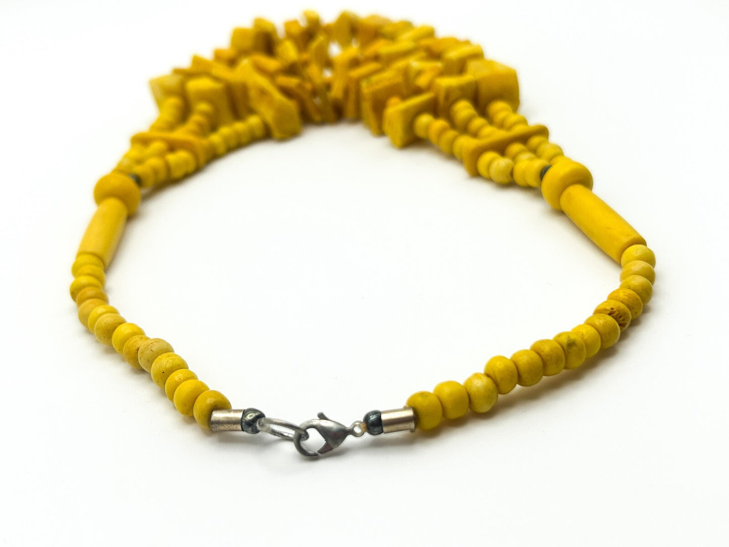 Vintage Bright Yellow Triple-Strand Organic Material Bib Necklace