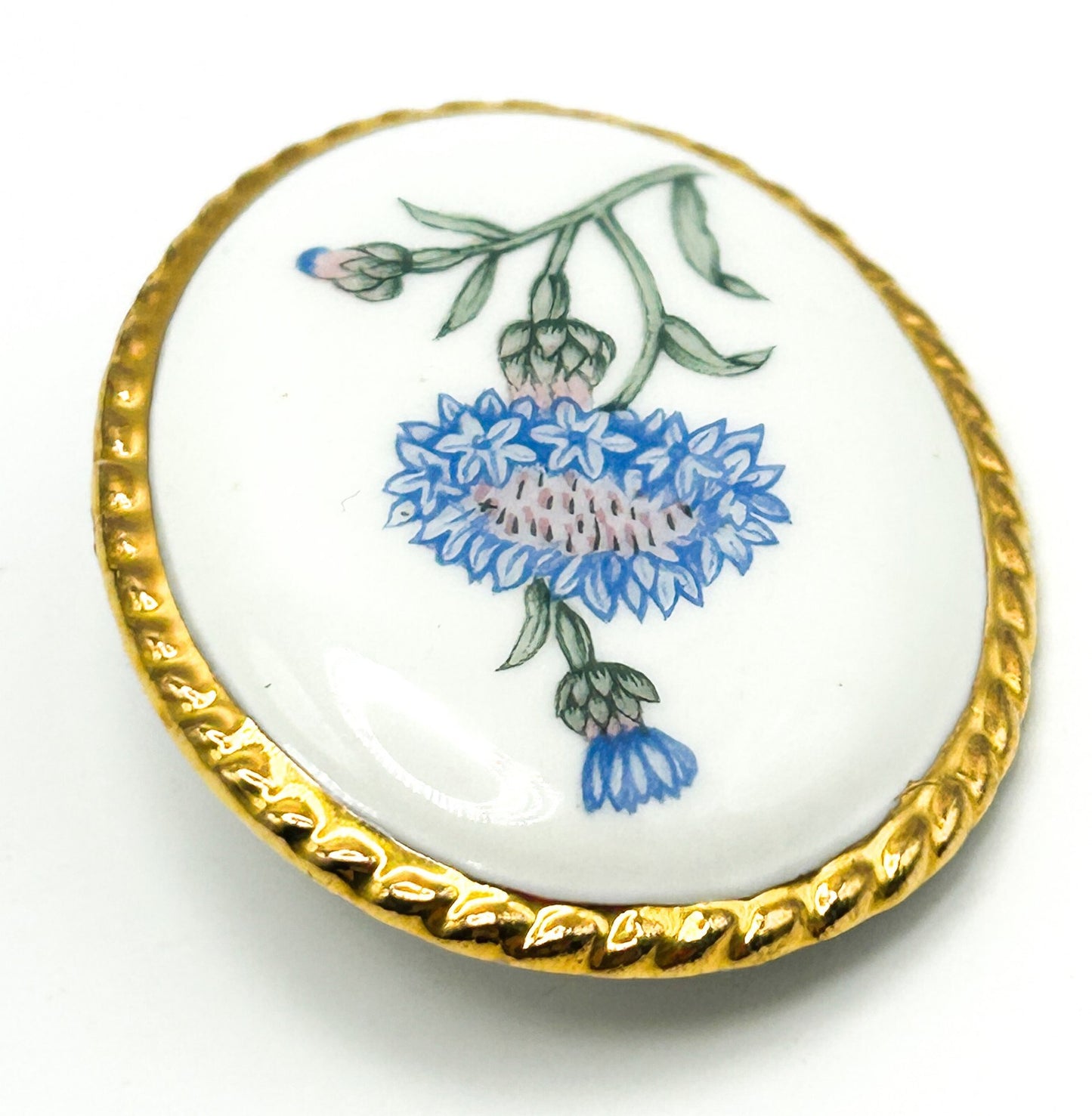 Aynsley Bone China Brooch Blue Floral Oval Gold Tone Vintage Pin