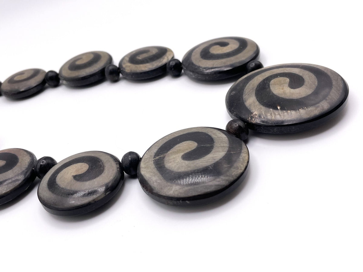 Swirled Black Wooden Disc Necklace - Boho Bohemian Circular Wood Chunky