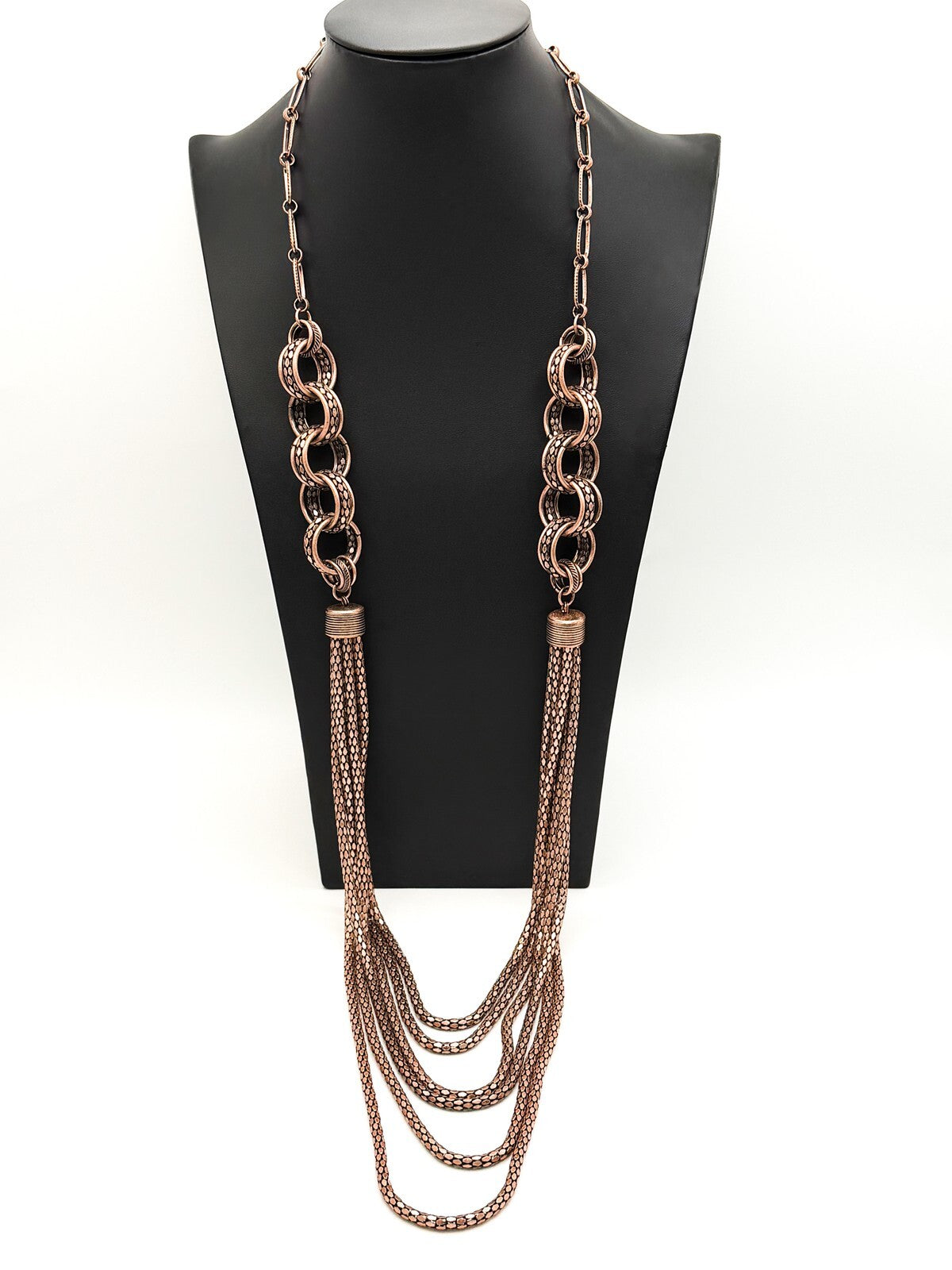 Bronze Tone Multi-Chain Statement Necklace – Paperclip & Mesh Layers, 37”
