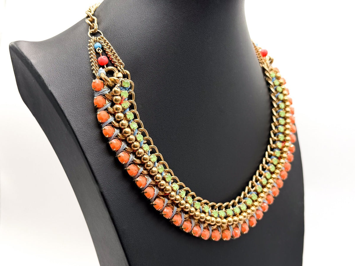 Accessorize Gold Tone Woven Ribbon & Rhinestone Statement Necklace