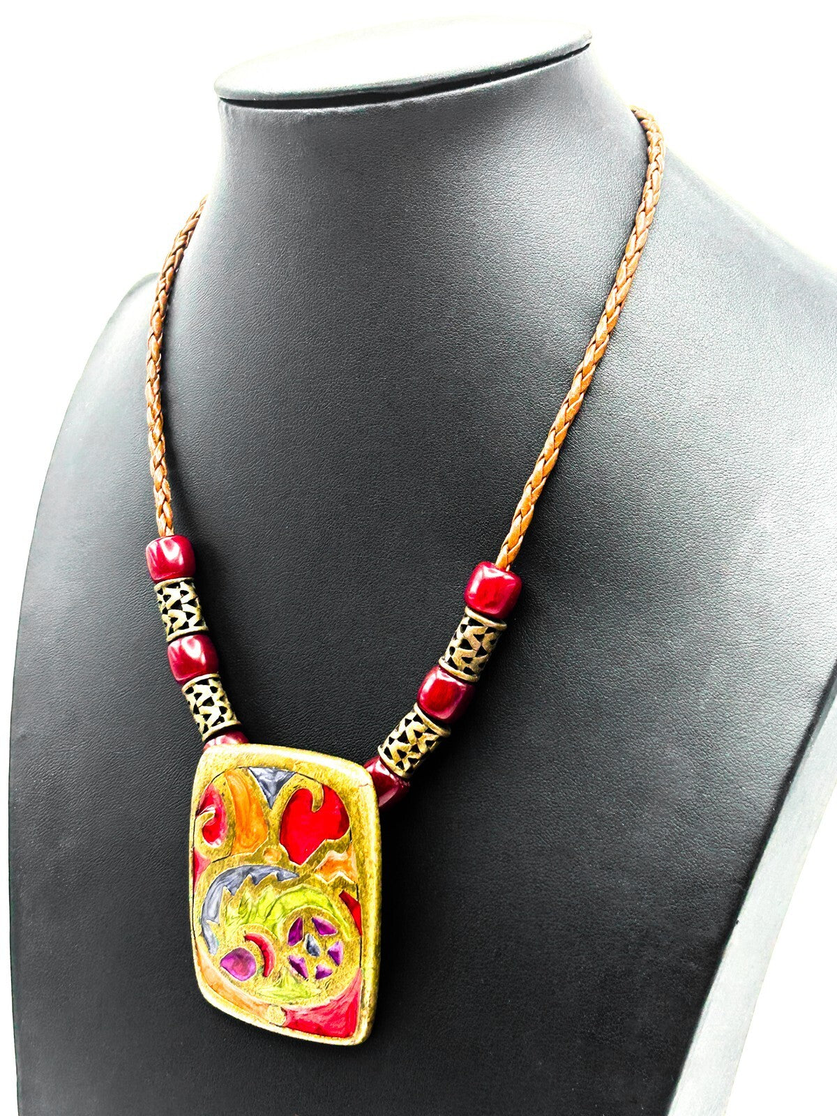 Chico’s Brass Tone Enamel Abstract Pendant Necklace on Braided Cord