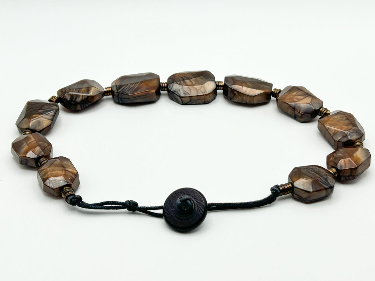 Vintage Brown Metallic Shimmer Marble-Effect Faceted Acrylic Nugget Necklace