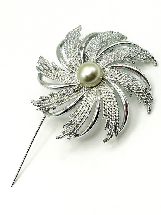 Sarah Coventry Silver Tone Sunburst Flower Brooch Faux Pearl Centre Pinwheel VTG