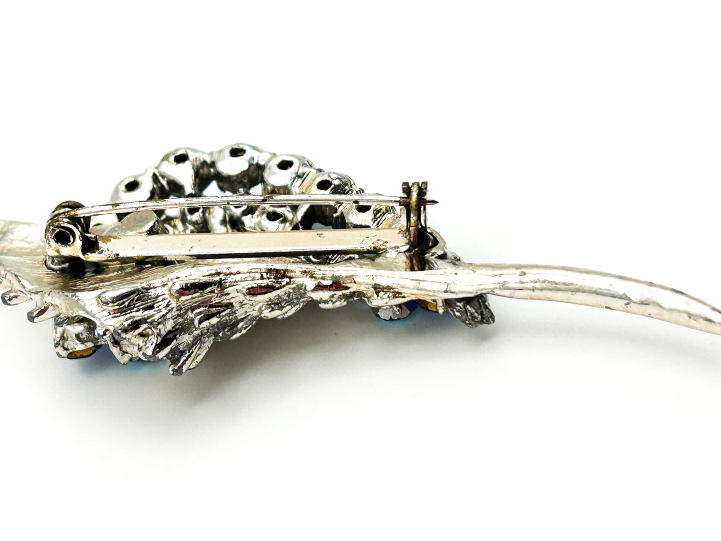 Vintage Style Blue Rhinestone Floral Spray Brooch Silver Tone Flower Statement