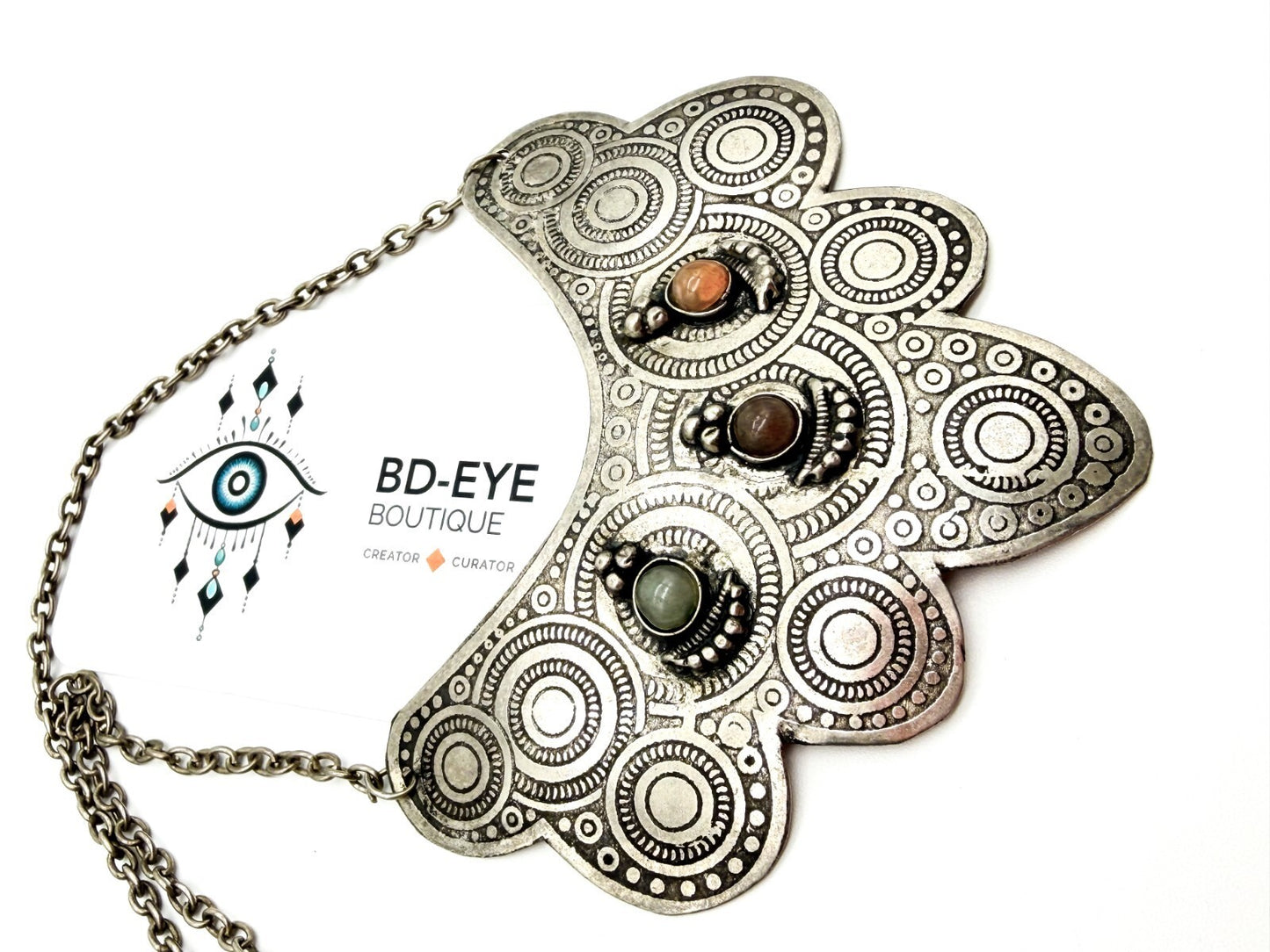 Silver Tone Ornate Ethnic Style Bib Necklace with Semi-Precious Agate Cabochons