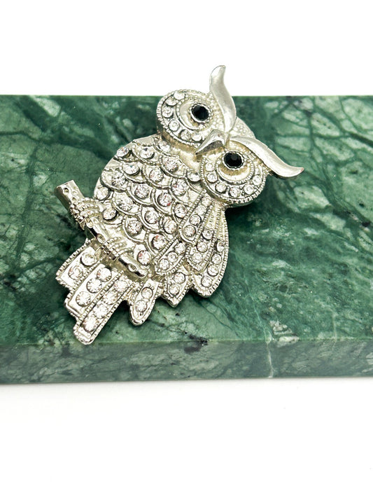 Vintage Rhinestone Owl Brooch Silver Tone Bird Pin Pavé Crystal Animal Jewellery