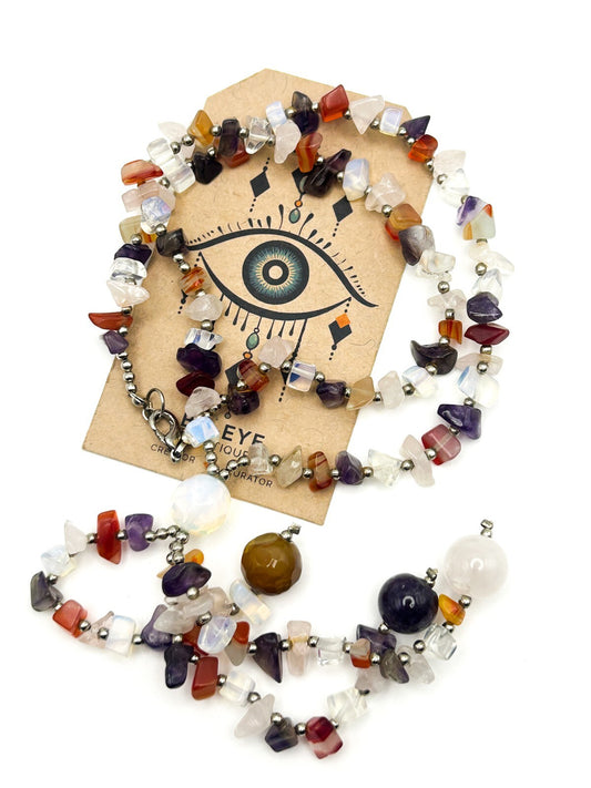Gemstone Chip Necklace Tassel Drop Amethyst Carnelian Quartz Boho 18”
