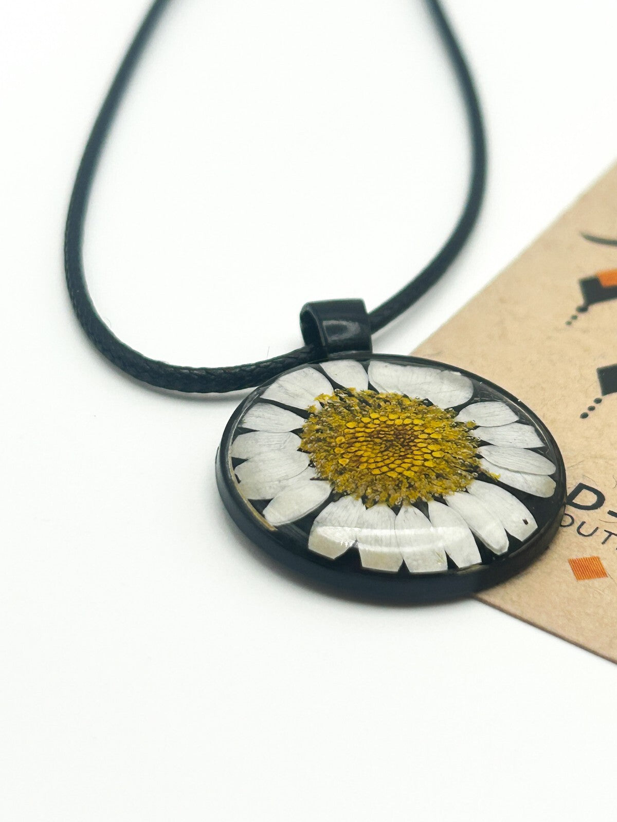 New Resin Daisy Pendant Necklace on New Black Cord - Dried Flower Pendant